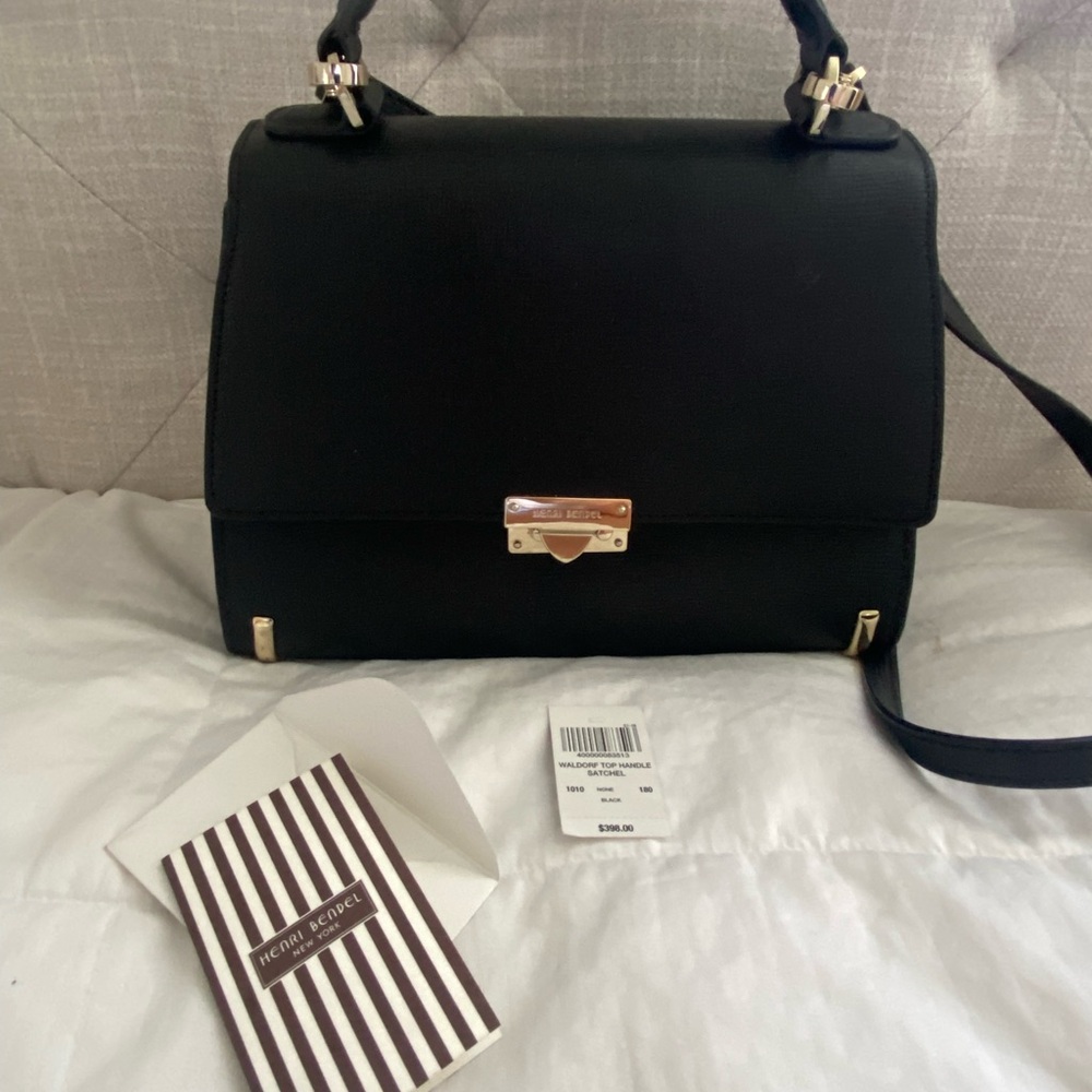 Henri Bendel Black Waldorf Top Handle Satchel with Gold Details